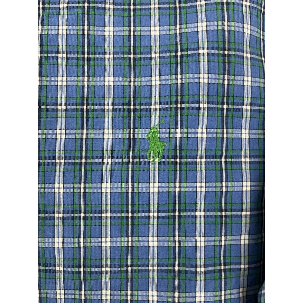 Polo Ralph Lauren Shirt Men Large Blue Check Custom Fit Gingham Button Up Casual
